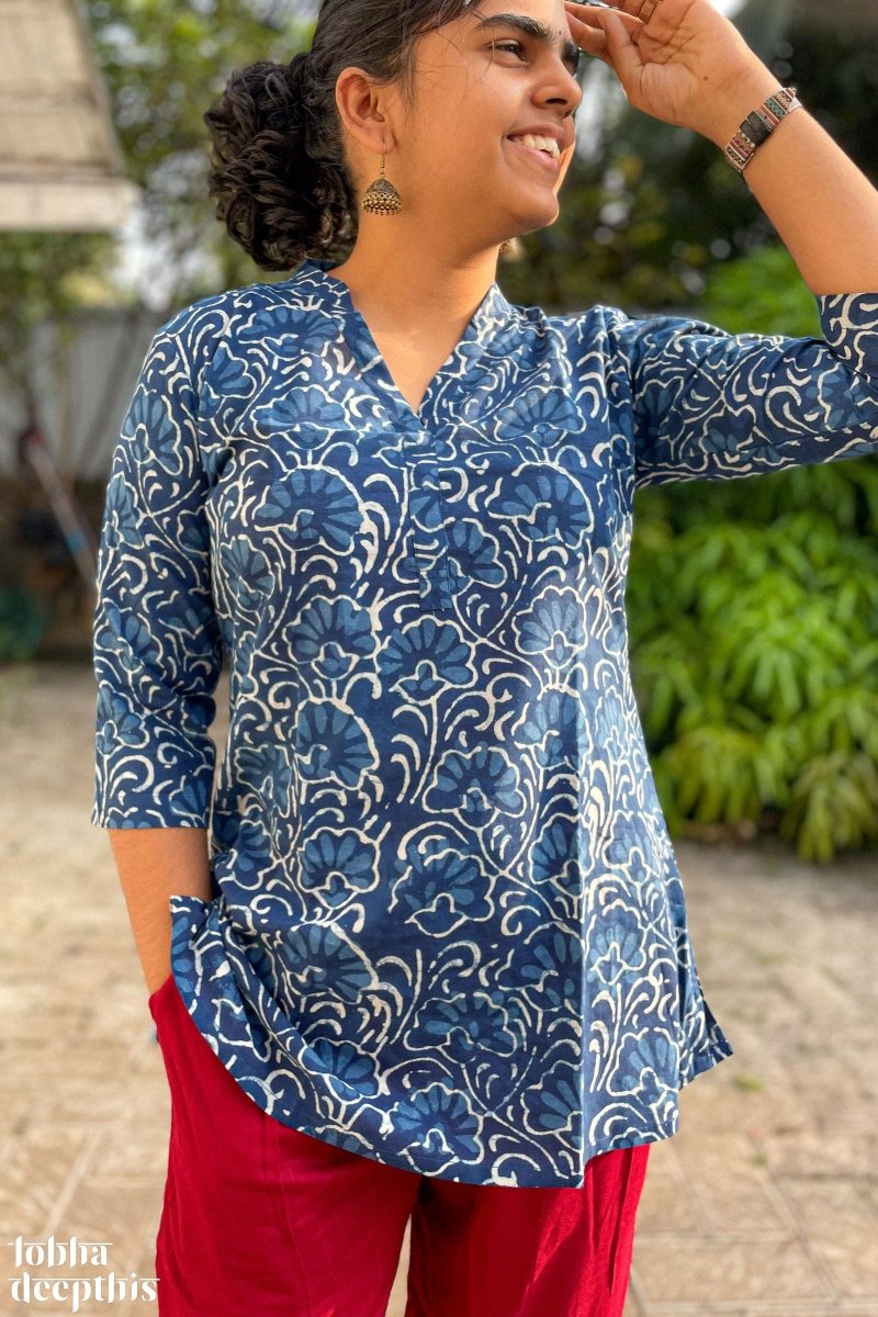 Florals on Indigo Collar Short Top - Lobha Deepthis