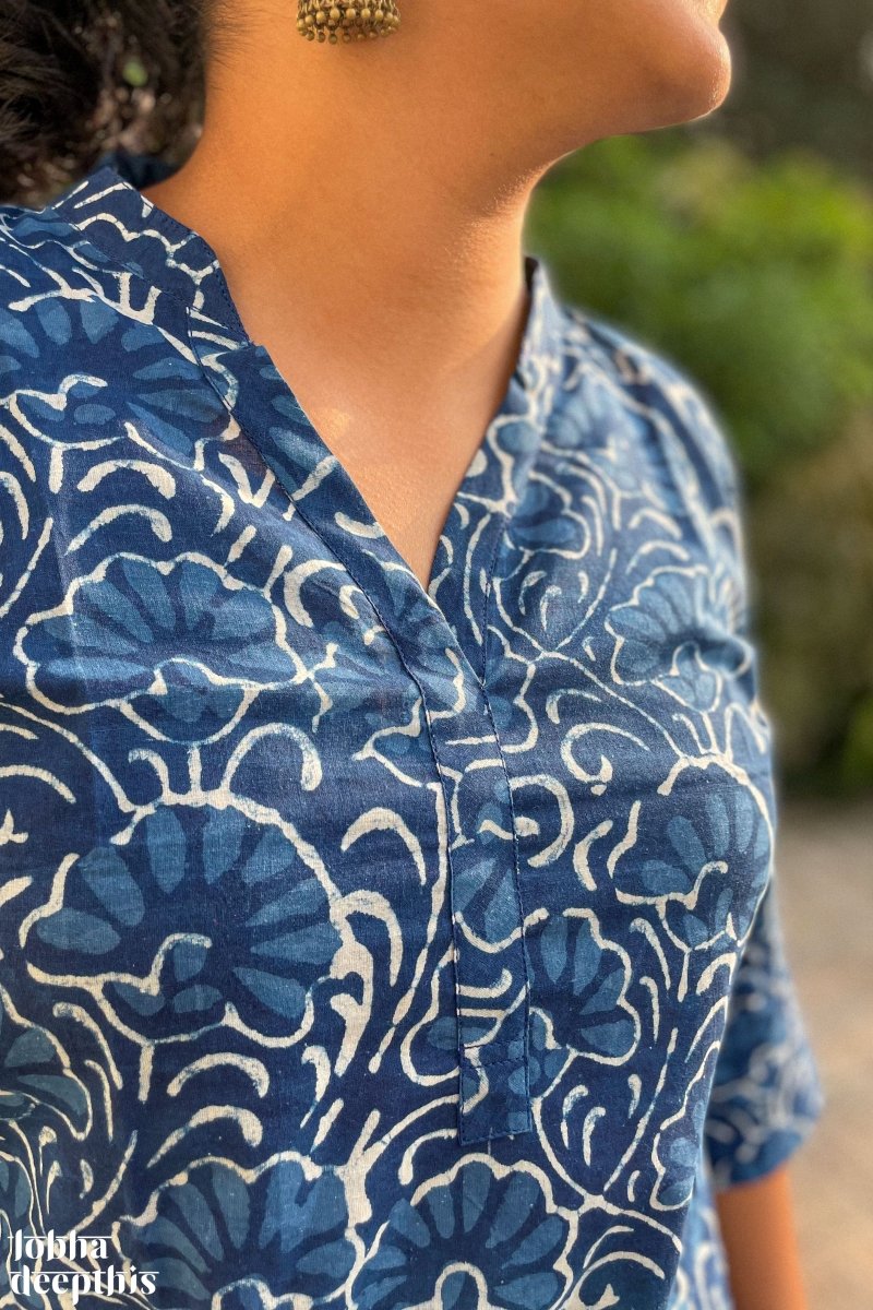 Florals on Indigo Collar Short Top - Lobha Deepthis