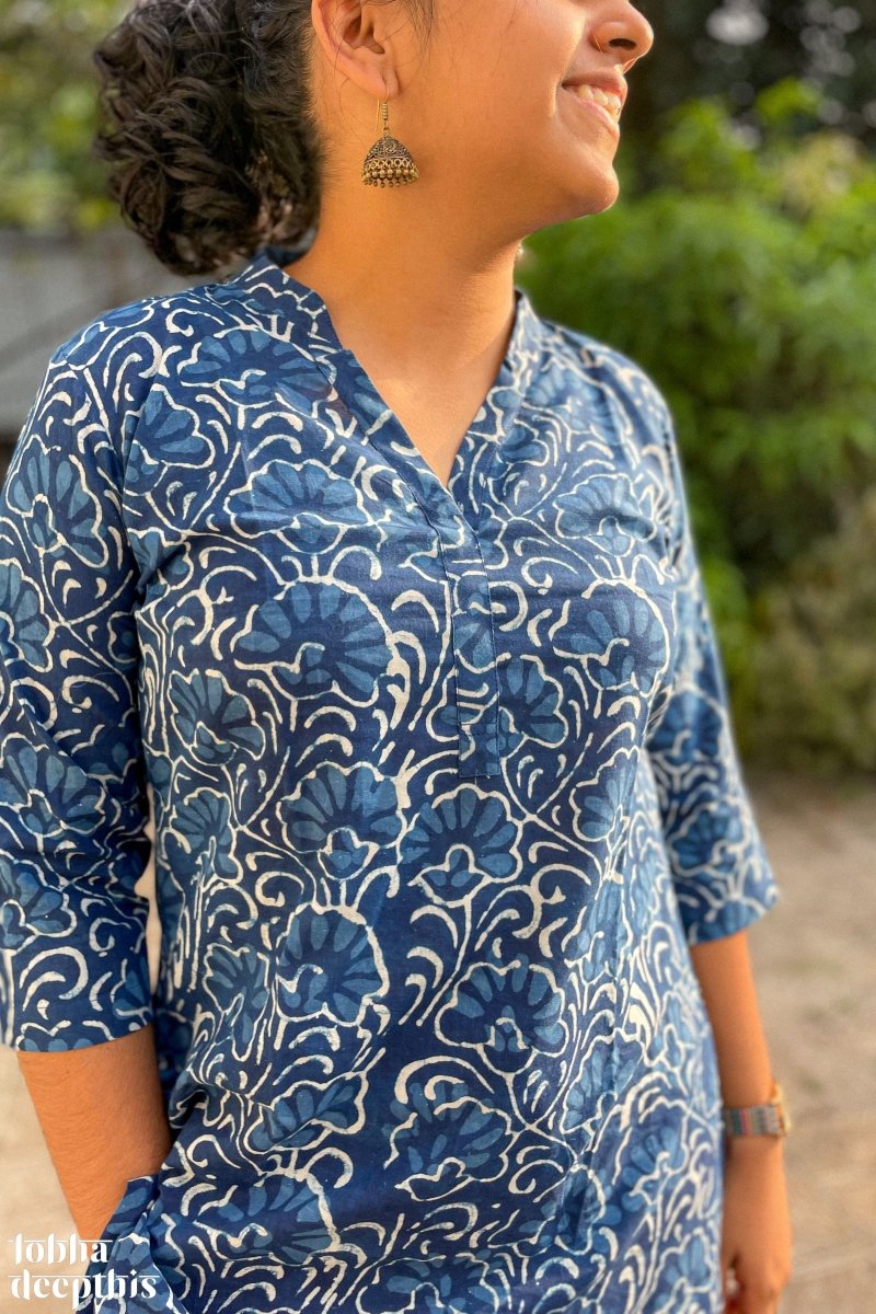 Florals on Indigo Collar Short Top - Lobha Deepthis