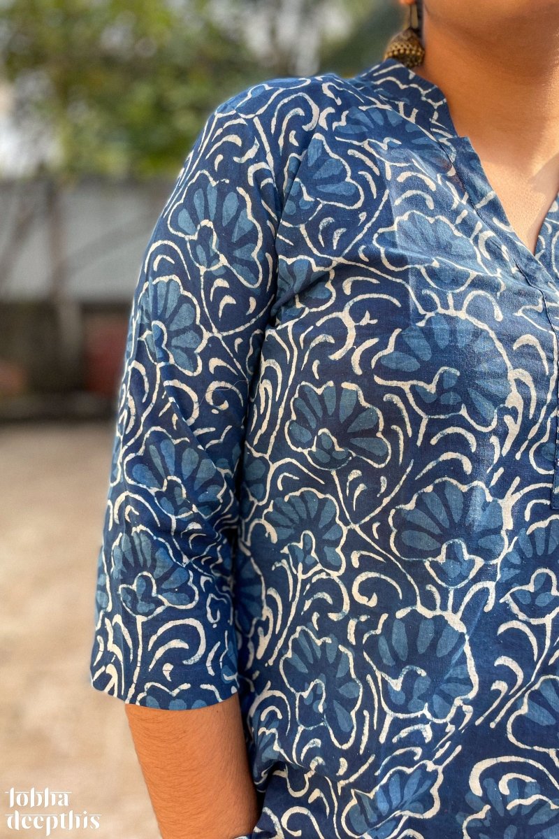 Florals on Indigo Collar Short Top - Lobha Deepthis