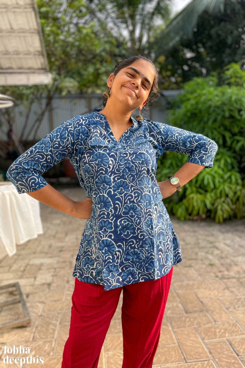 Florals on Indigo Collar Short Top - Lobha Deepthis