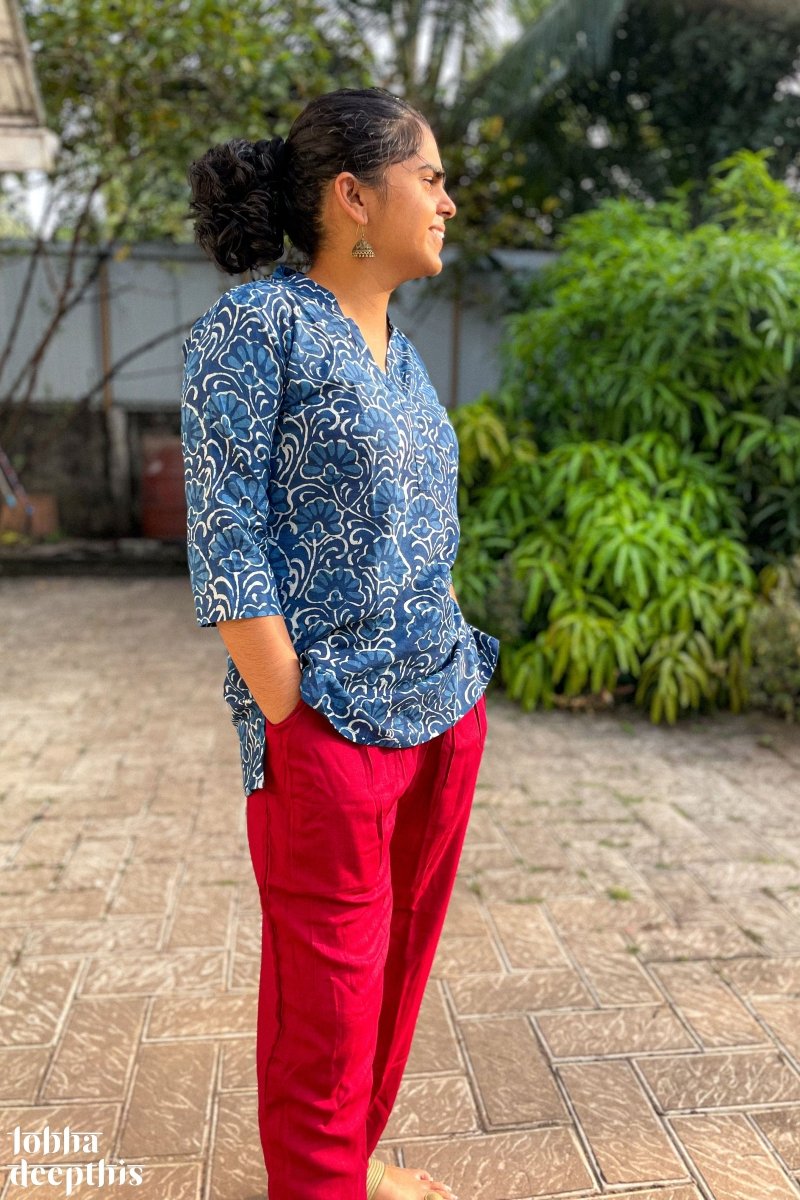 Florals on Indigo Collar Short Top - Lobha Deepthis