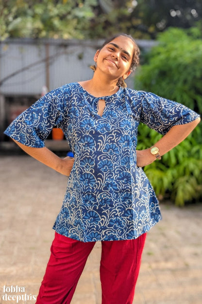 Florals on Indigo Keyhole Neck Short Top - Lobha Deepthis