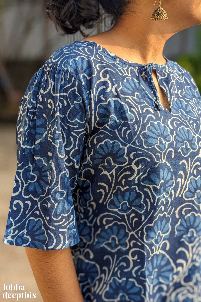 Florals on Indigo Keyhole Neck Short Top - Lobha Deepthis