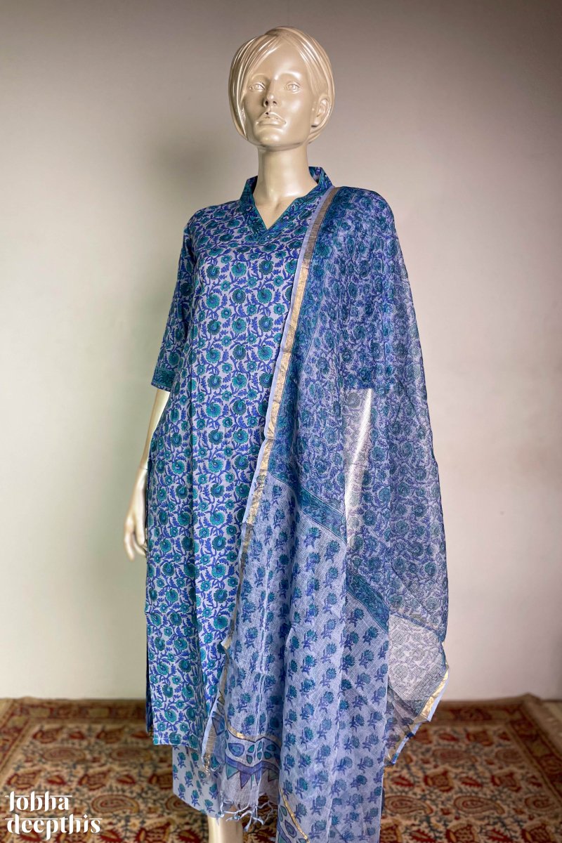 Florals on Sea Blue Sanganeri Co-ord Set - Lobha Deepthis