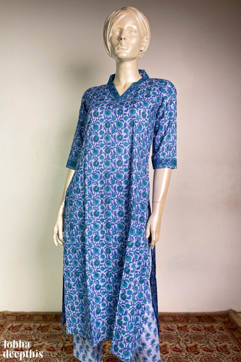 Florals on Sea Blue Sanganeri Co-ord Set - Lobha Deepthis