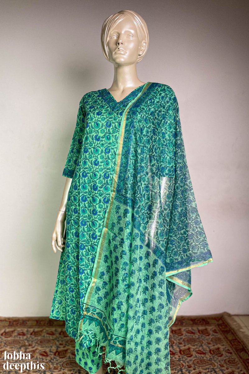 Florals on Sea Green Sanganeri Co-ord Set - Lobha Deepthis