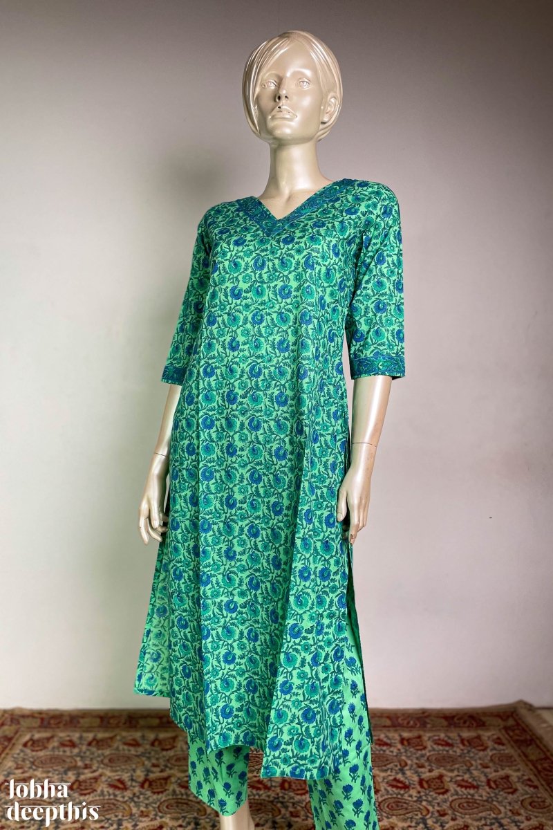 Florals on Sea Green Sanganeri Co-ord Set - Lobha Deepthis