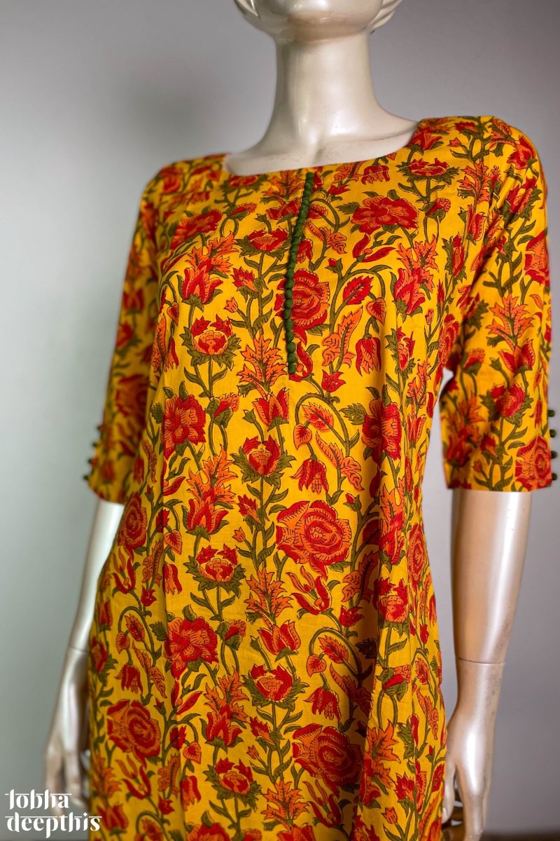 Florals on Yellow Sanganeri Co-ord Set - Lobha Deepthis