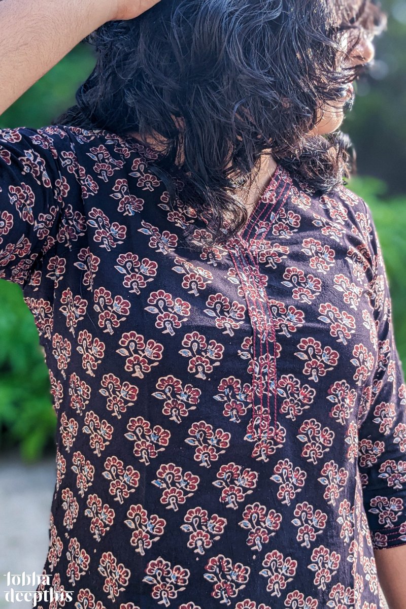 Florets on Black Ajrakh Short Top - Lobha Deepthis