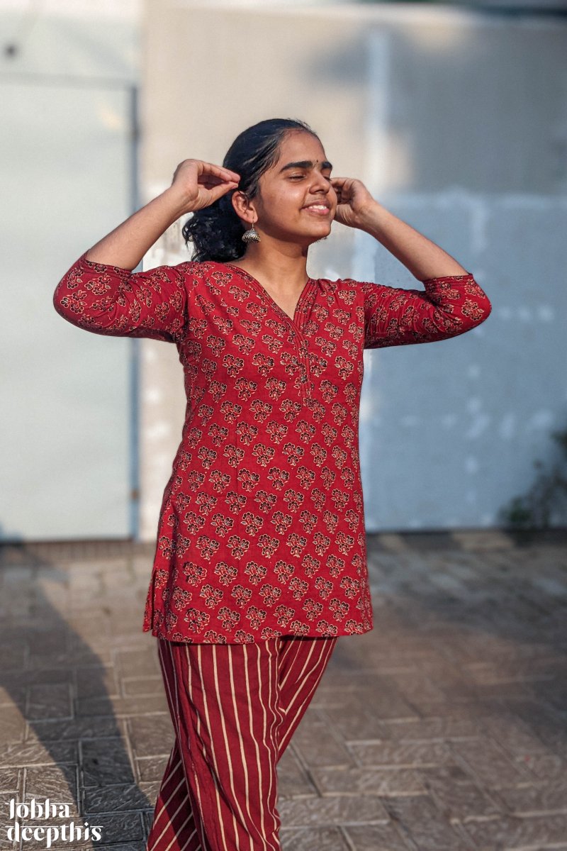 Florets on Madder Ajrakh Short Top - Lobha Deepthis