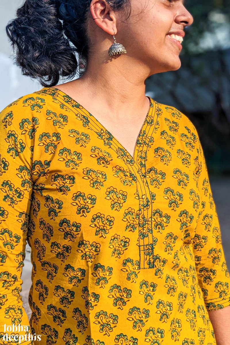 Florets on Turmeric Ajrakh Short Top - Lobha Deepthis