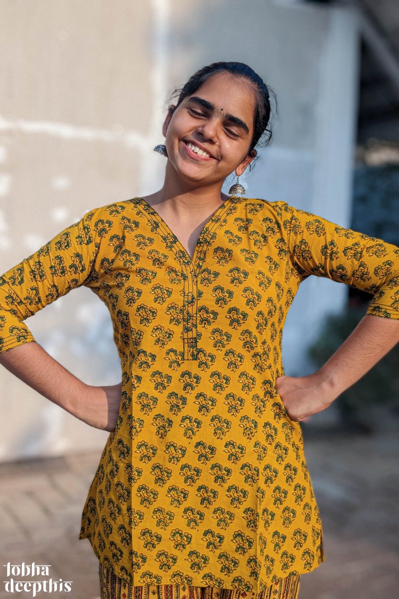 Florets on Turmeric Ajrakh Short Top - Lobha Deepthis