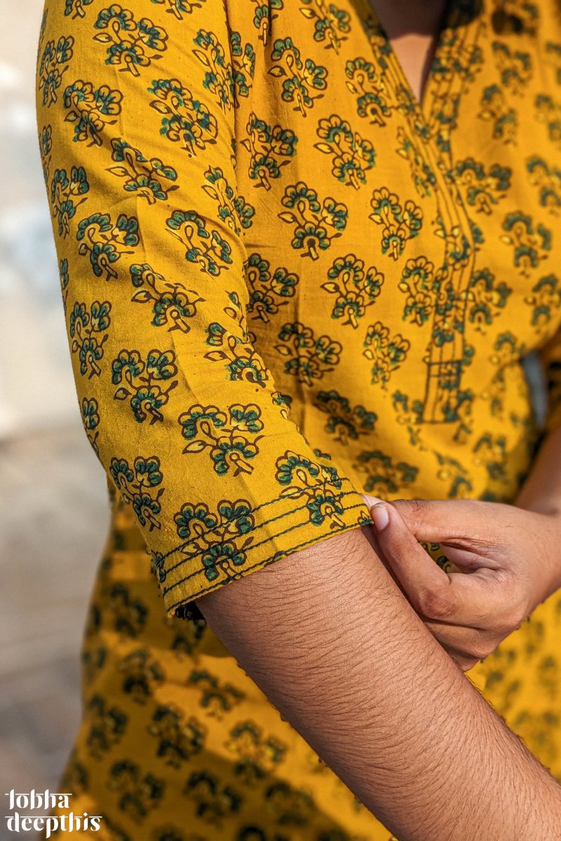 Florets on Turmeric Ajrakh Short Top - Lobha Deepthis