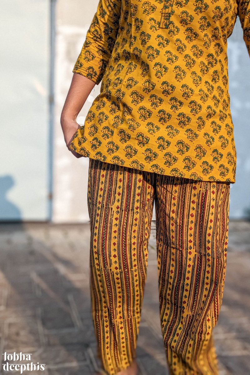 Florets on Turmeric Ajrakh Short Top - Lobha Deepthis