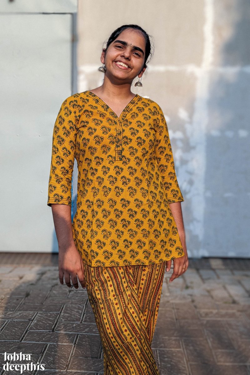 Florets on Turmeric Ajrakh Short Top - Lobha Deepthis