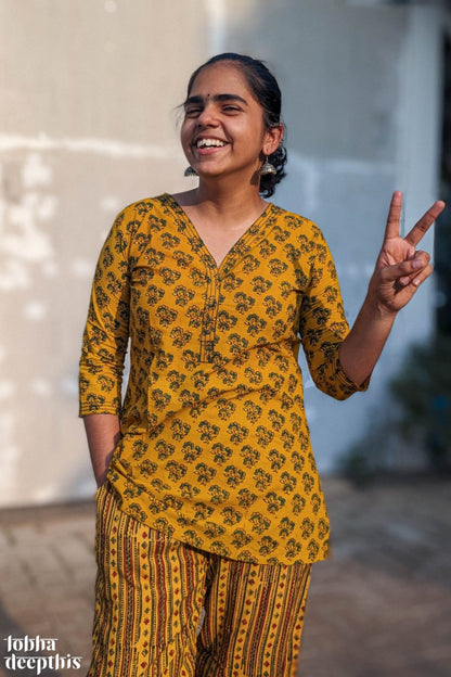 Florets on Turmeric Ajrakh Short Top - Lobha Deepthis