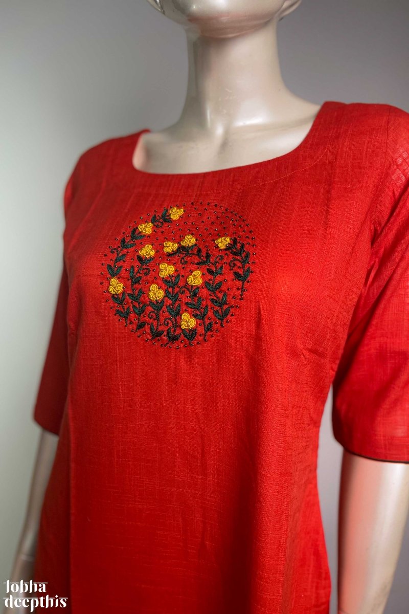 Flower Circle Embroidery Orange Cotton Kurta LobhaDeepthis Lobha Deepthis