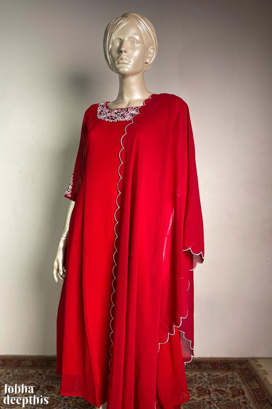 Flower Knots on Red Georgette Kurta - Lobha Deepthis