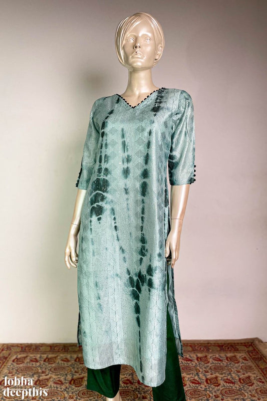 Green Shibori V Neck Kurta - Lobha Deepthis