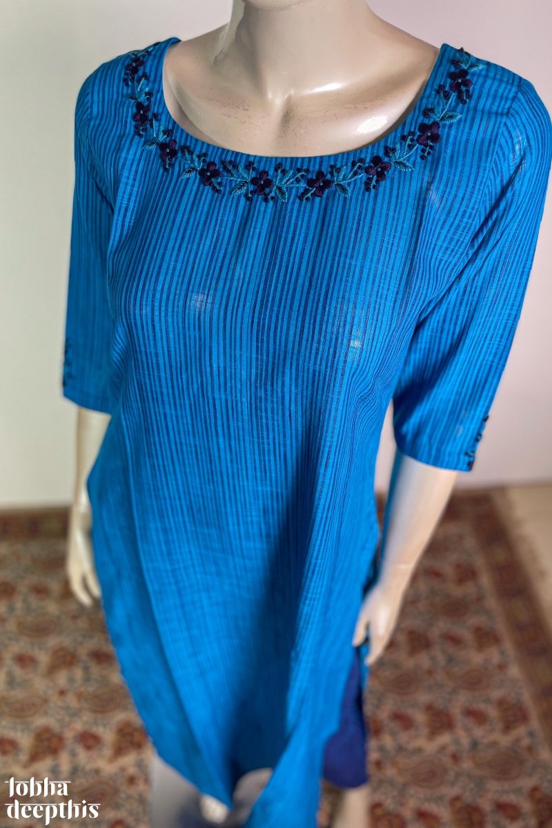 Hand Embroidered Ananda Blue South Cotton Kurta - Lobha Deepthis