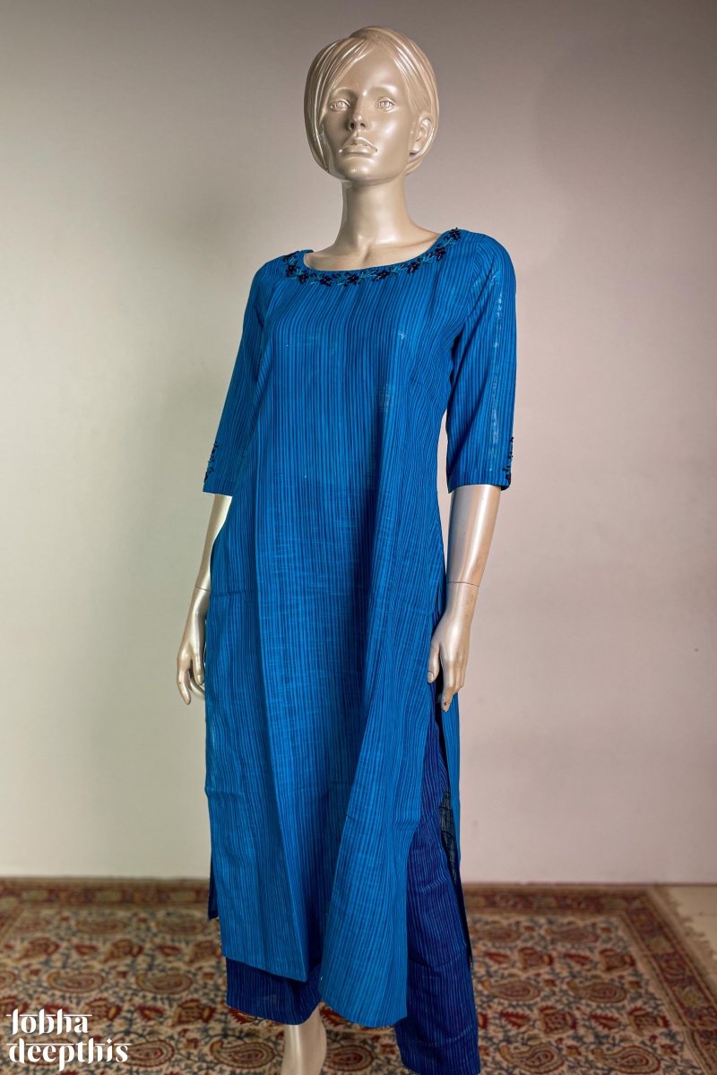 Hand Embroidered Ananda Blue South Cotton Kurta - Lobha Deepthis