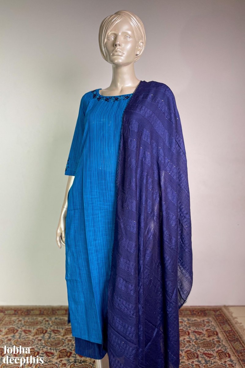 Hand Embroidered Ananda Blue South Cotton Kurta - Lobha Deepthis