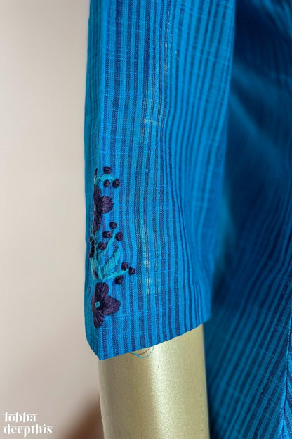 Hand Embroidered Ananda Blue South Cotton Kurta - Lobha Deepthis