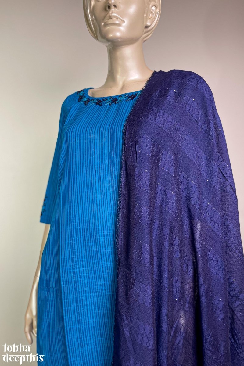 Hand Embroidered Ananda Blue South Cotton Kurta - Lobha Deepthis