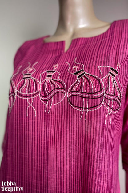 Hand Embroidered Pink South Cotton Kurta - Lobha Deepthis