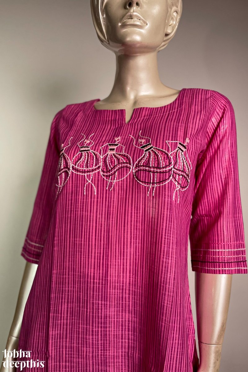 Hand Embroidered Pink South Cotton Kurta - Lobha Deepthis