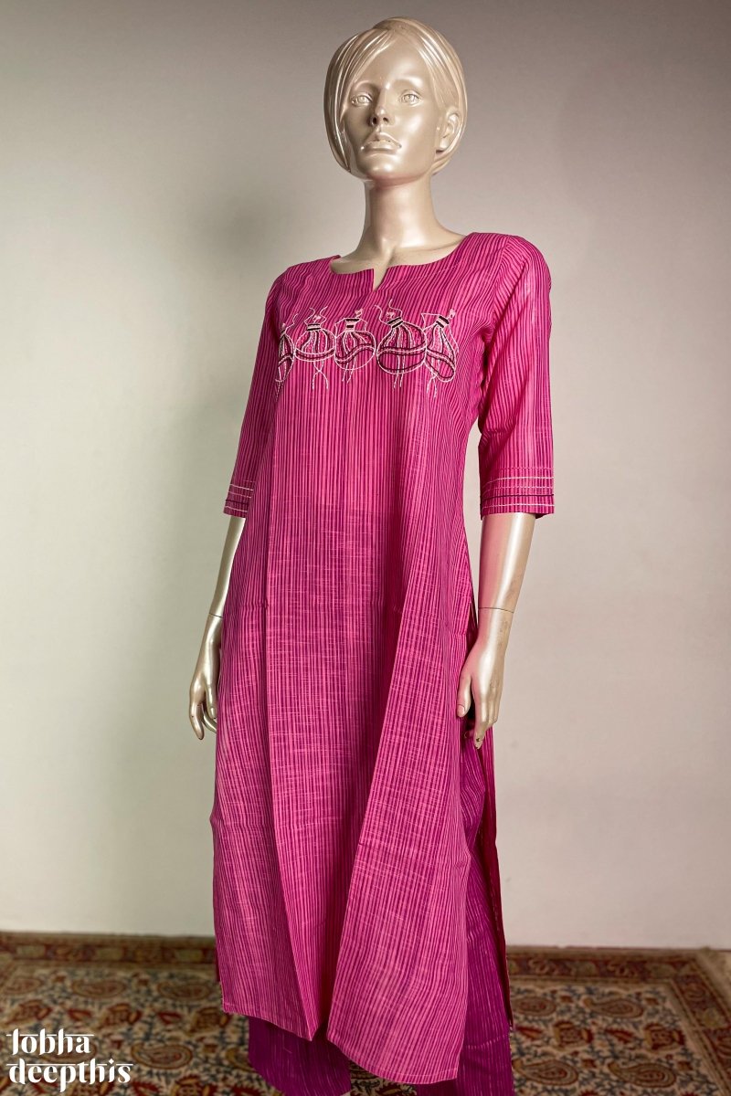 Hand Embroidered Pink South Cotton Kurta - Lobha Deepthis