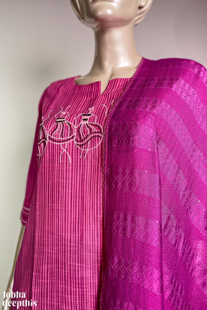 Hand Embroidered Pink South Cotton Kurta - Lobha Deepthis