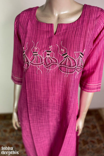 Hand Embroidered Pink South Cotton Kurta - Lobha Deepthis