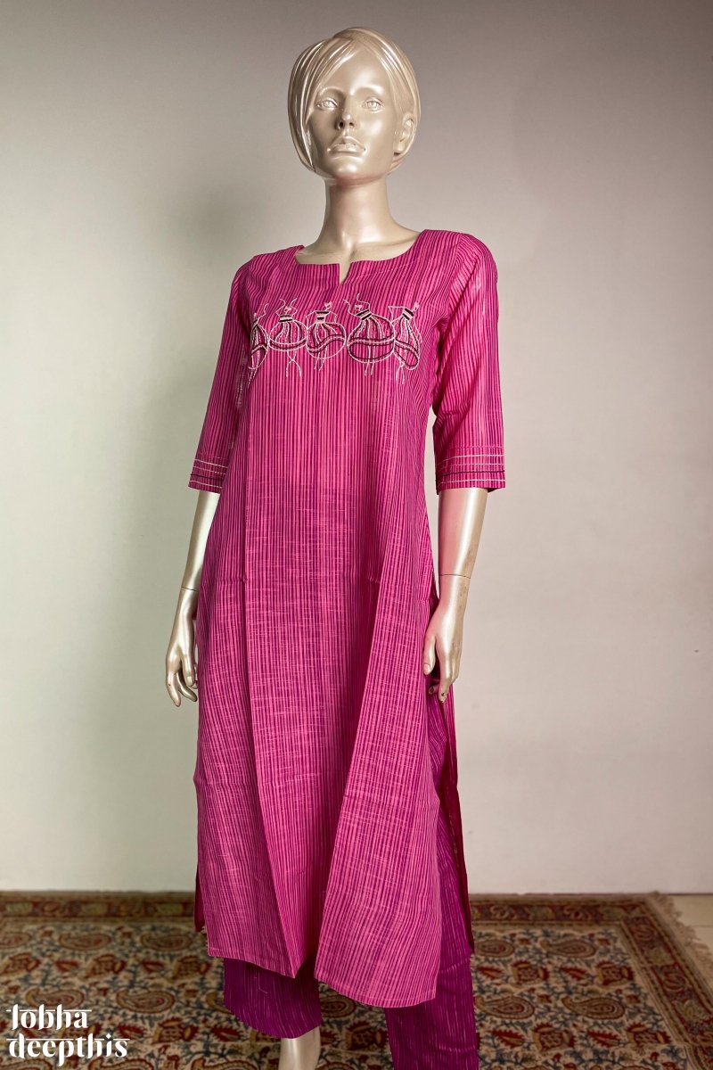 Hand Embroidered Pink South Cotton Kurta - Lobha Deepthis