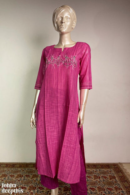 Hand Embroidered Pink South Cotton Kurta - Lobha Deepthis