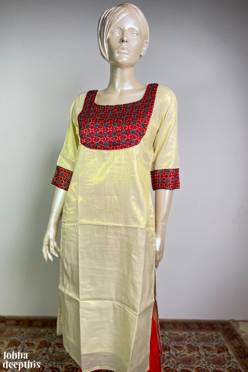 Hand Embroidered Red Ajrakh Blooms on Golden Tissue Kurta – Lobha Deepthis