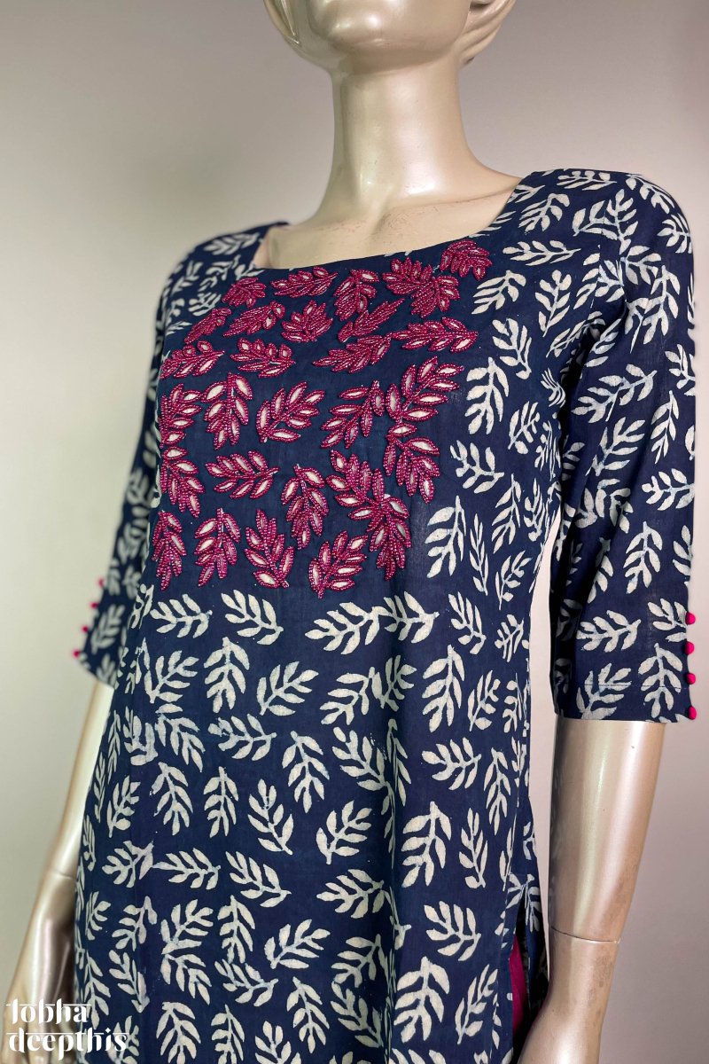 Hand Embroidery on Indigo Straight Kurta - Lobha Deepthis