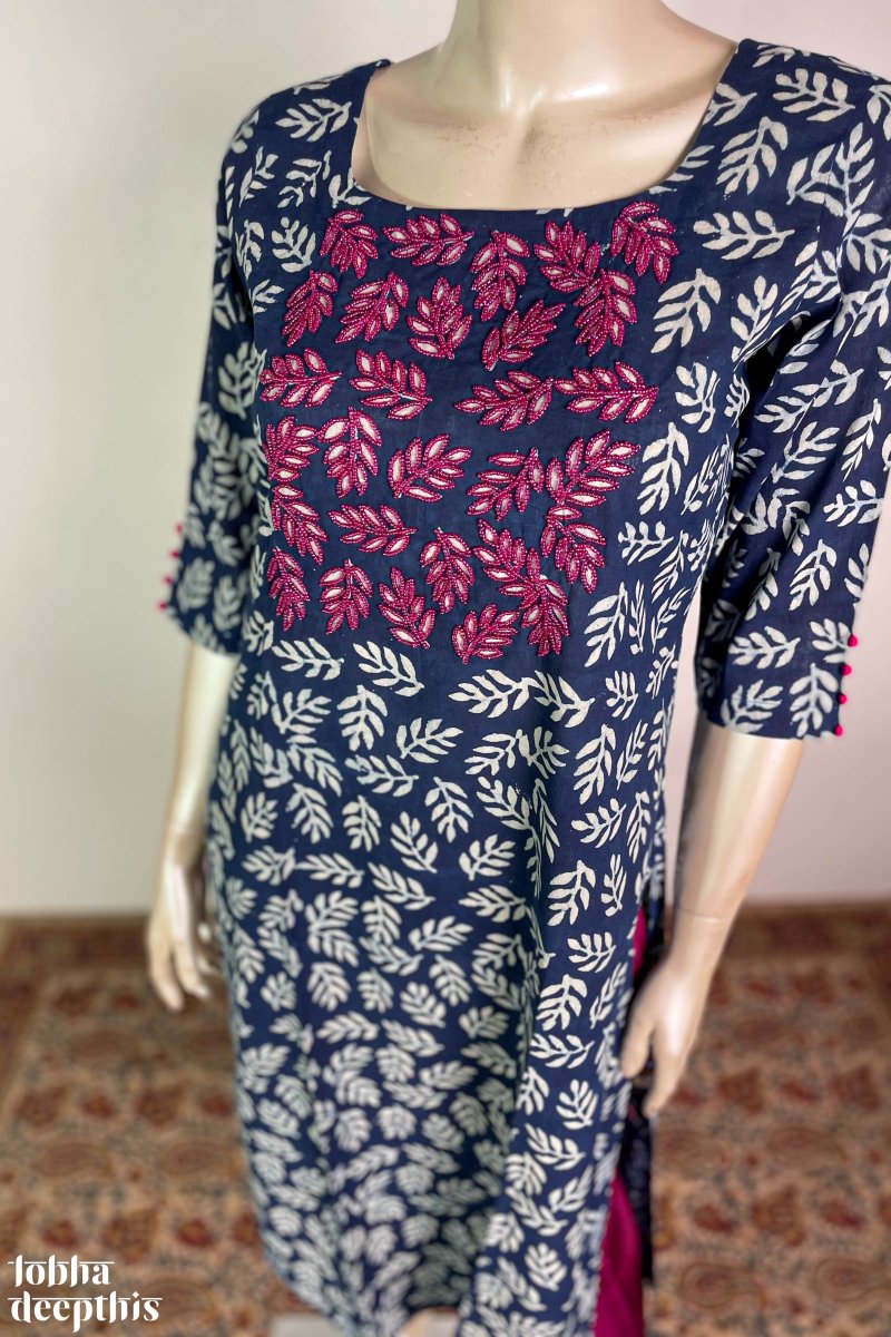 Hand Embroidery on Indigo Straight Kurta - Lobha Deepthis