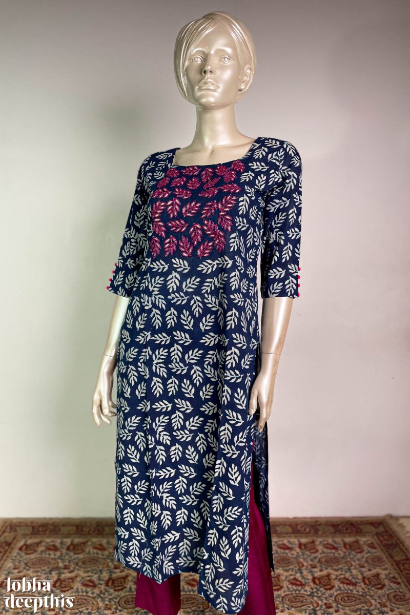 Hand Embroidery on Indigo Straight Kurta - Lobha Deepthis