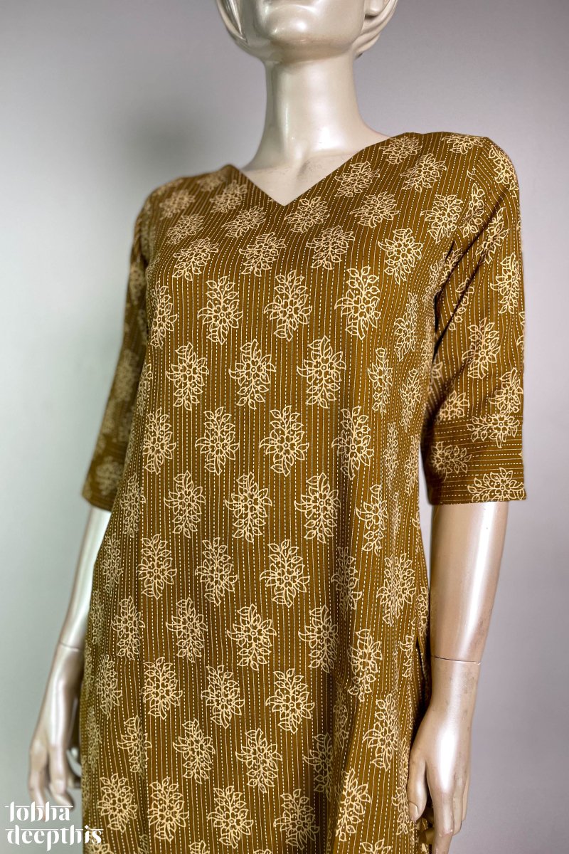 Kantha Florals Mustard Kurta Co-ord Set - Lobha Deepthis