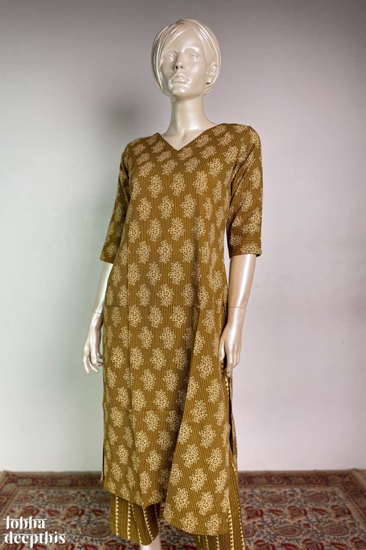 Kantha Florals Mustard Kurta Co-ord Set - Lobha Deepthis