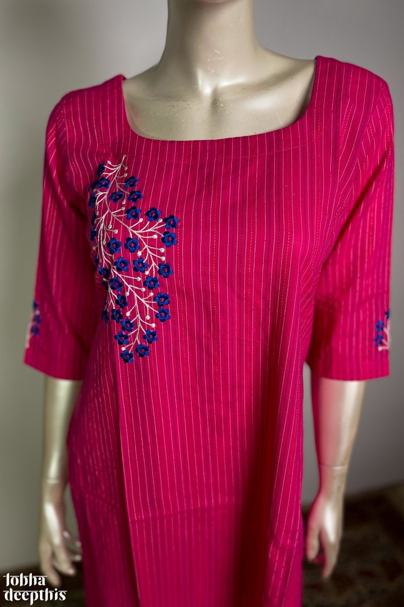 Kantha Kala: Embroidery on Rani Pink Kurta - LOBHA DEEPTHIS