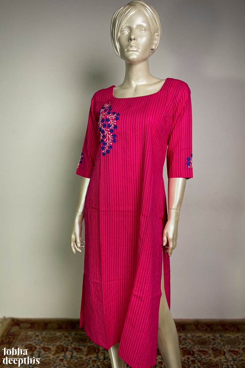 Kantha Kala: Embroidery on Rani Pink Kurta - LOBHA DEEPTHIS