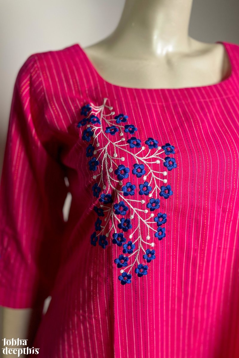 Kantha Kala: Embroidery on Rani Pink Kurta - LOBHA DEEPTHIS