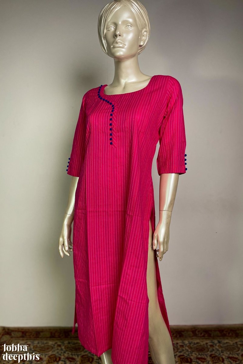 Kantha Kala: Rani Pink Jaipur Cotton Kurta - LOBHA DEEPTHIS