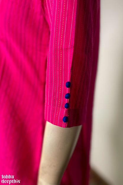 Kantha Kala: Rani Pink Jaipur Cotton Kurta - LOBHA DEEPTHIS