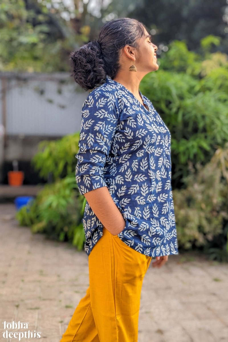 Leaves on Indigo Collar Short Top - Lobha Deepthis