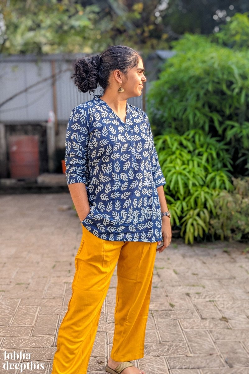 Leaves on Indigo Collar Short Top - Lobha Deepthis