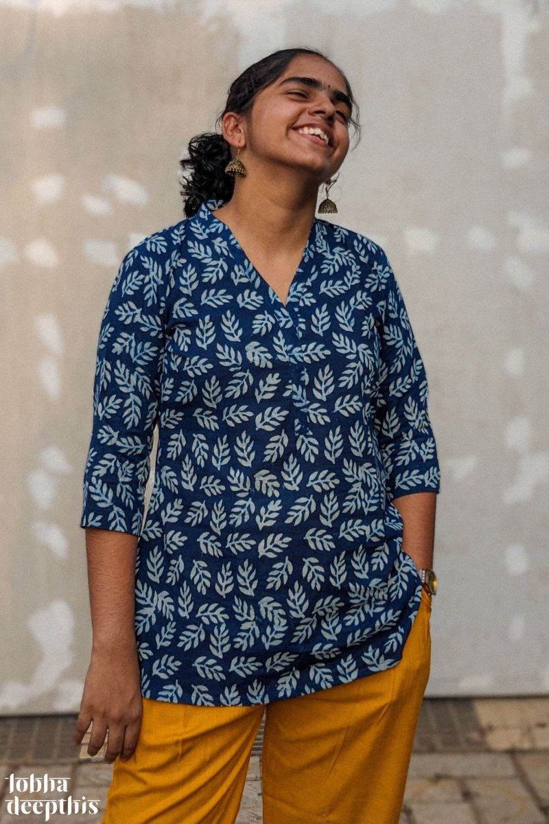 Leaves on Indigo Collar Short Top - Lobha Deepthis